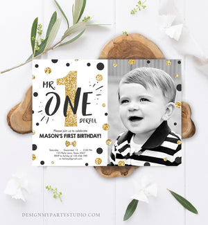 Editable Mr Onederful Birthday Invitation Black Gold Boy Bow Tie Confetti 1st Birthday Download Printable Template Digital Corjl 0072