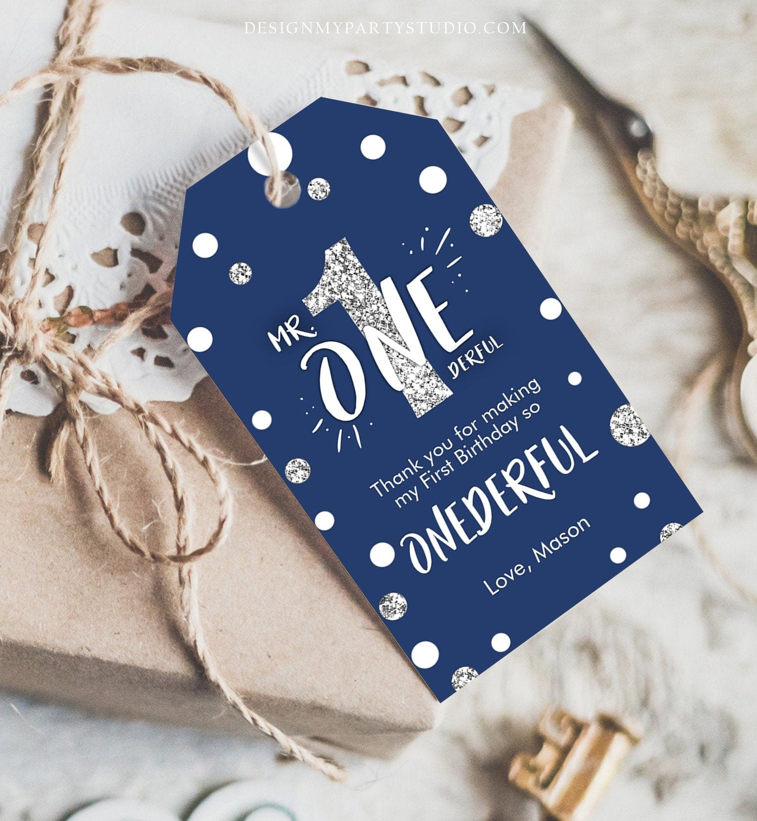 Editable Mr Onederful Favor Tag Birthday Thank You Navy Blue Silver Bow Boy 1st First Birthday Digital Download Template Printable 0072