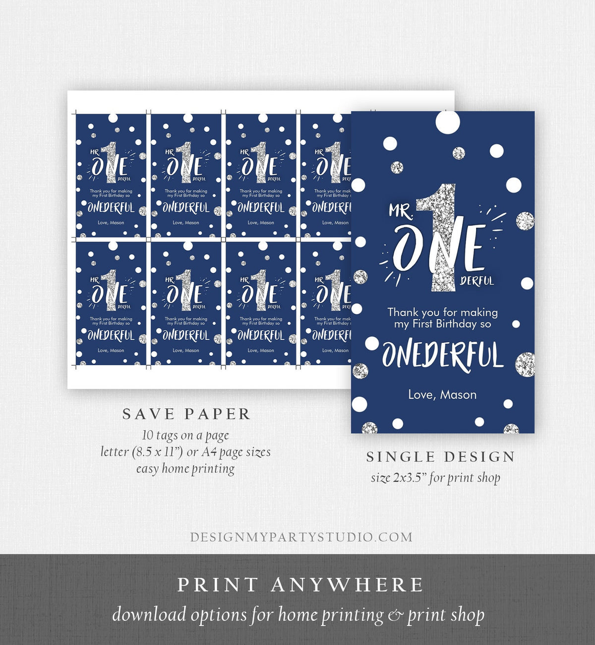 Editable Mr Onederful Favor Tag Birthday Thank You Navy Blue Silver Bow Boy 1st First Birthday Digital Download Template Printable 0072