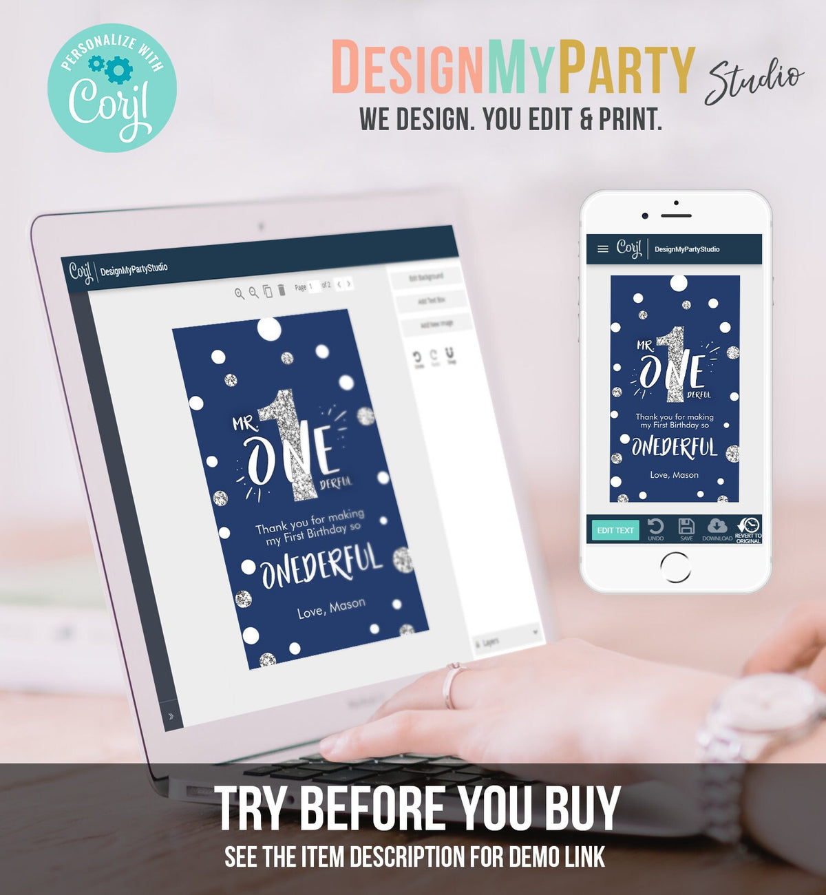 Editable Mr Onederful Favor Tag Birthday Thank You Navy Blue Silver Bow Boy 1st First Birthday Digital Download Template Printable 0072