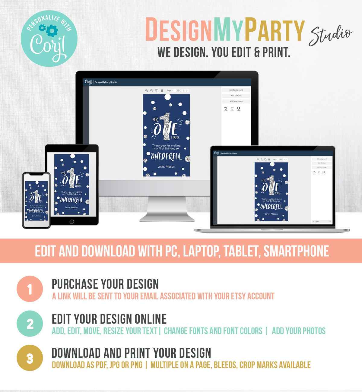 Editable Mr Onederful Favor Tag Birthday Thank You Navy Blue Silver Bow Boy 1st First Birthday Digital Download Template Printable 0072