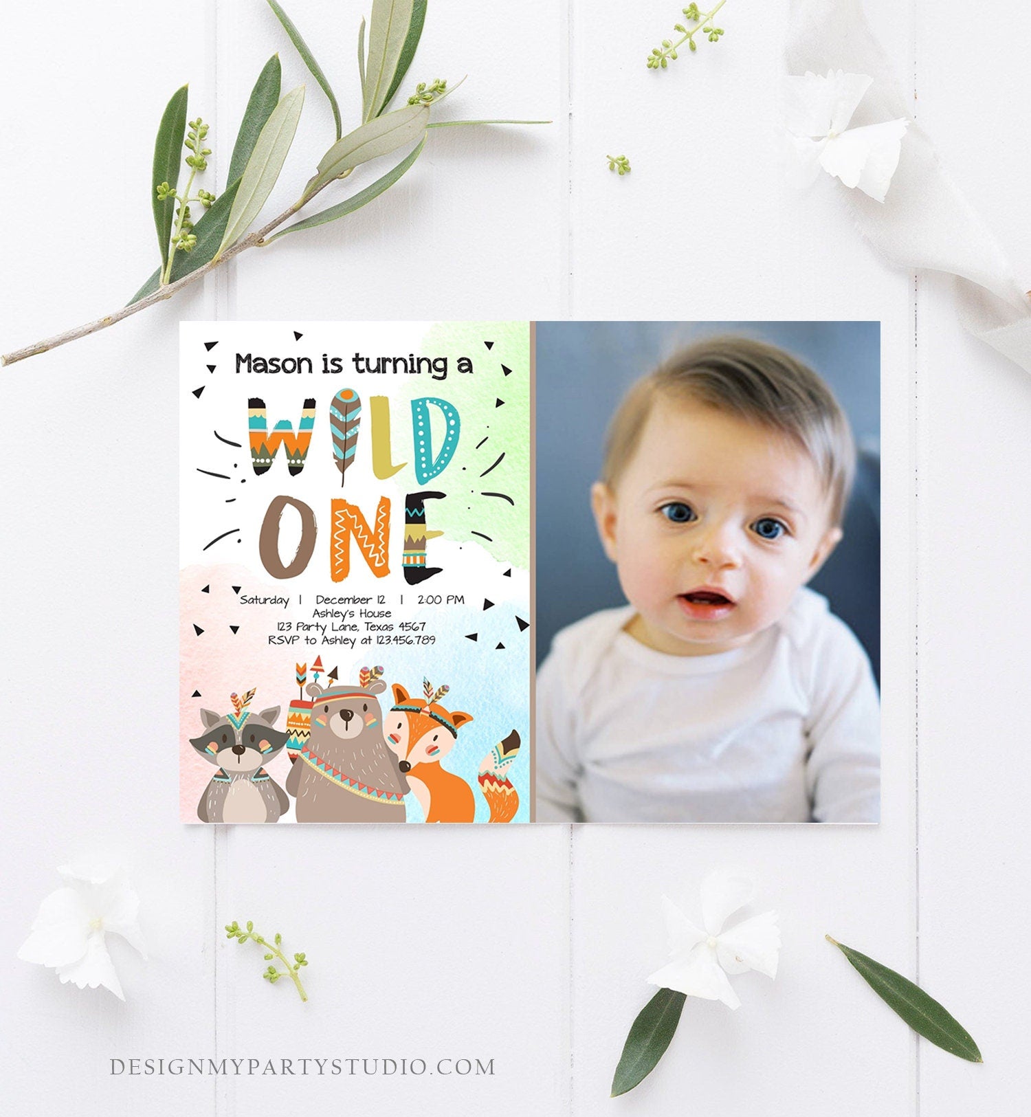 Editable Woodland Tribal Wild One First Birthday Invitation Boho Woodland Animals Boy Party Digital Download Template Printable 0061
