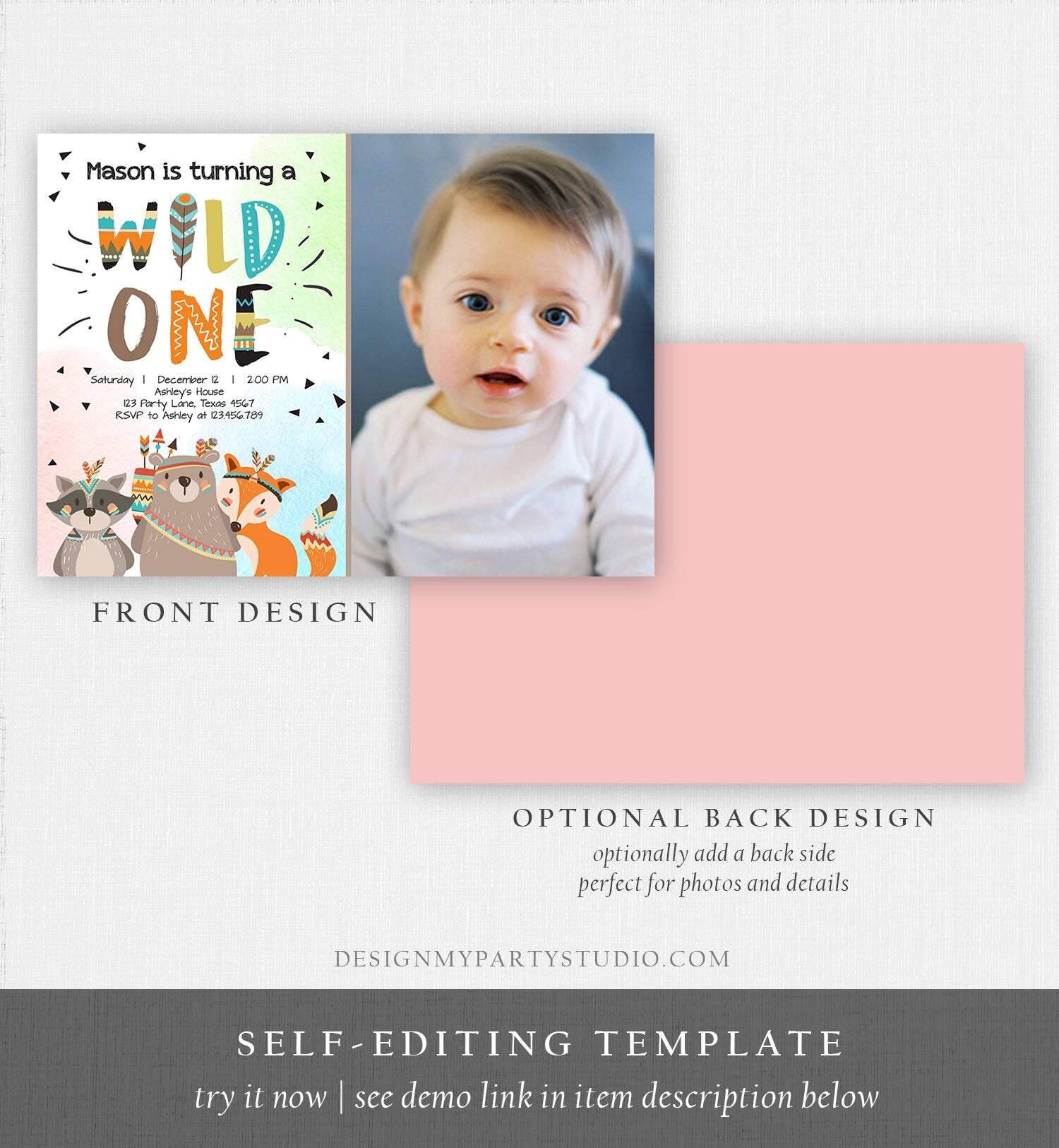 Editable Woodland Tribal Wild One First Birthday Invitation Boho Woodland Animals Boy Party Digital Download Template Printable 0061