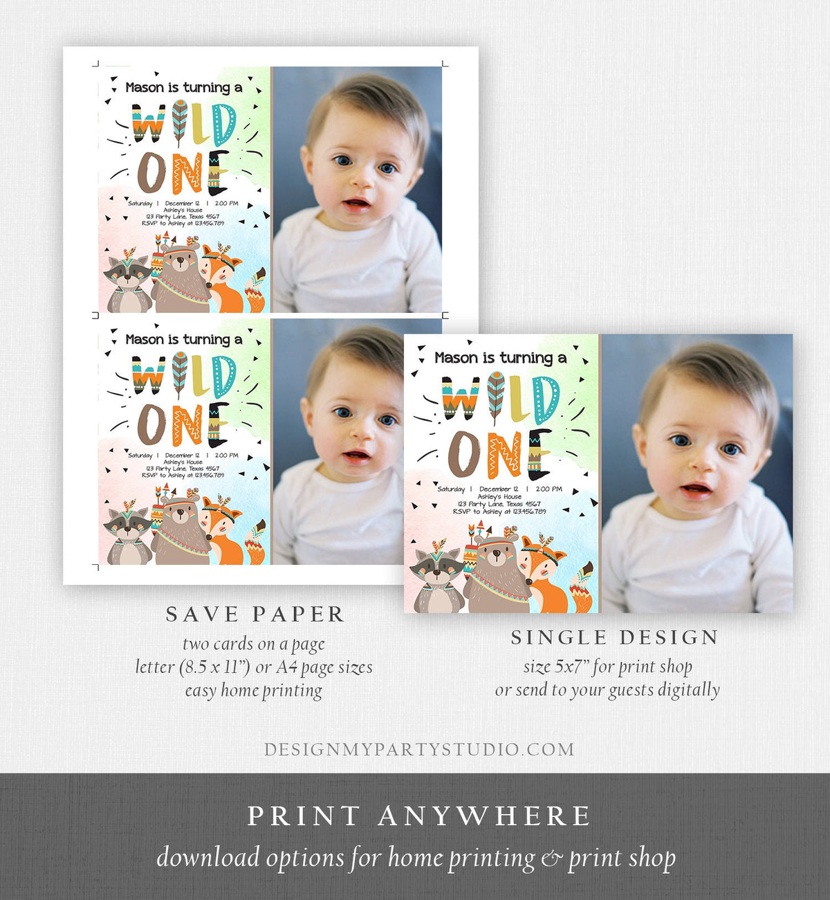 Editable Woodland Tribal Wild One First Birthday Invitation Boho Woodland Animals Boy Party Digital Download Template Printable 0061