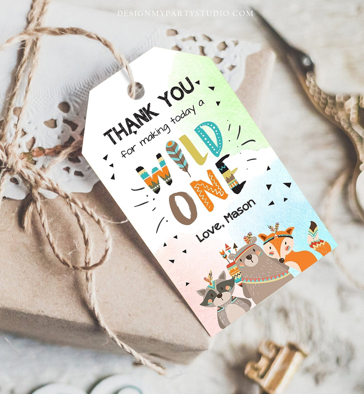 Editable Wild One Favor Tags Tags Tribal Woodland Birthday Thank you tags Woodland Animals Boho Boy Wild One Template Corjl PRINTABLE 0061