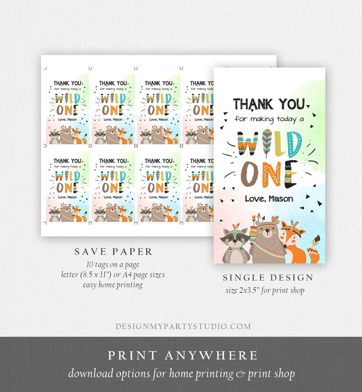Editable Wild One Favor Tags Tags Tribal Woodland Birthday Thank you tags Woodland Animals Boho Boy Wild One Template Corjl PRINTABLE 0061