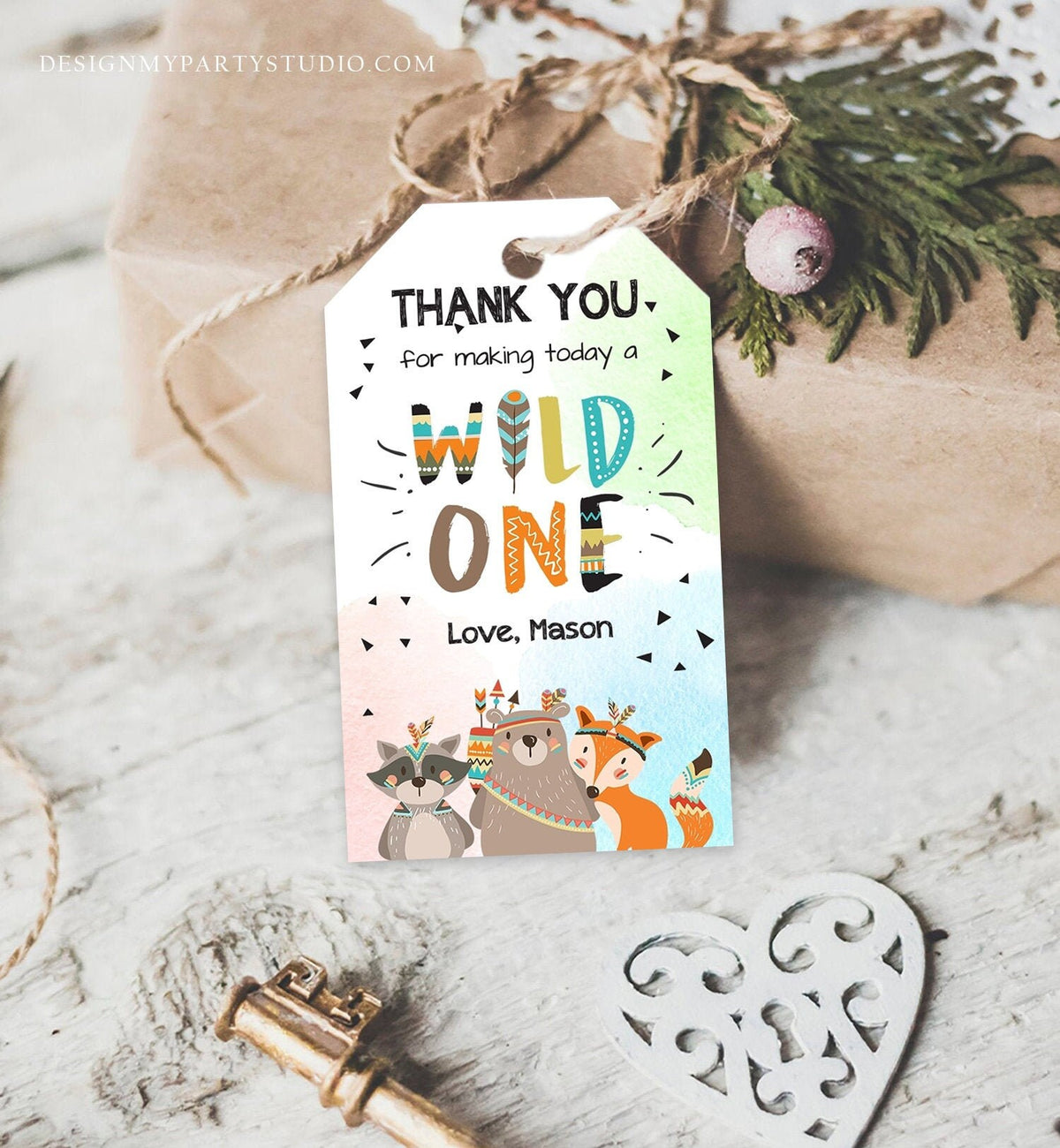 Editable Wild One Favor Tags Tags Tribal Woodland Birthday Thank you tags Woodland Animals Boho Boy Wild One Template Corjl PRINTABLE 0061