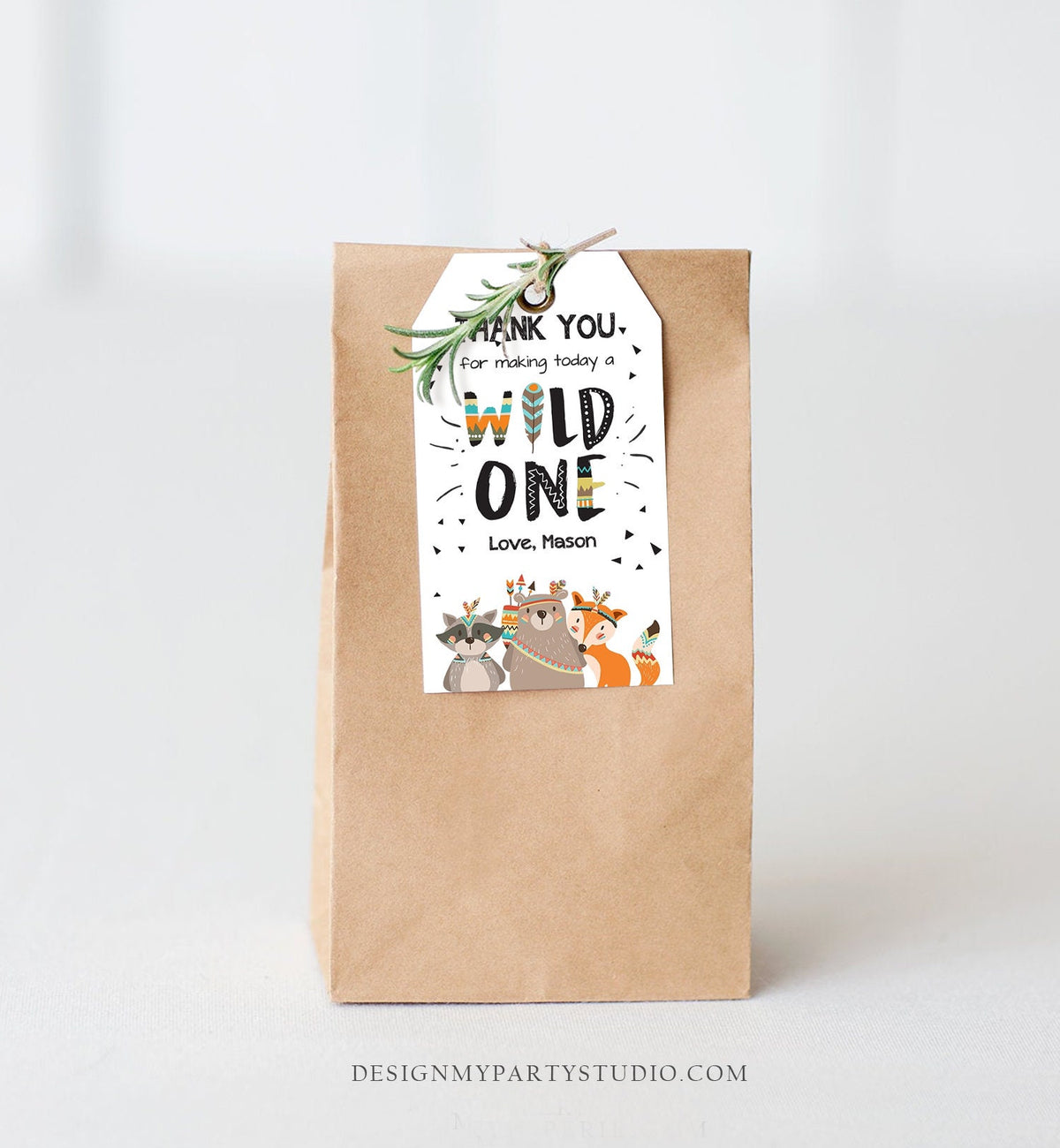 Editable Wild One Favor Tags Tags Tribal Woodland Birthday Thank you tags Boy Woodland Animals Boho Wild One Template Corjl PRINTABLE 0061