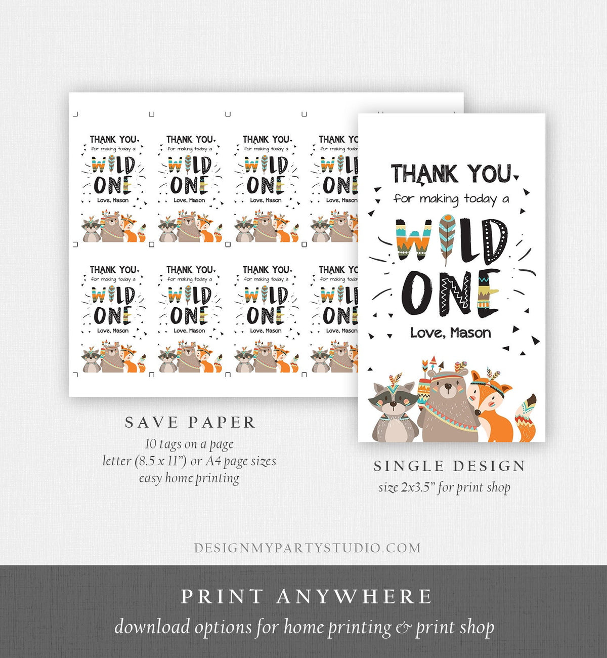 Editable Wild One Favor Tags Tags Tribal Woodland Birthday Thank you tags Boy Woodland Animals Boho Wild One Template Corjl PRINTABLE 0061