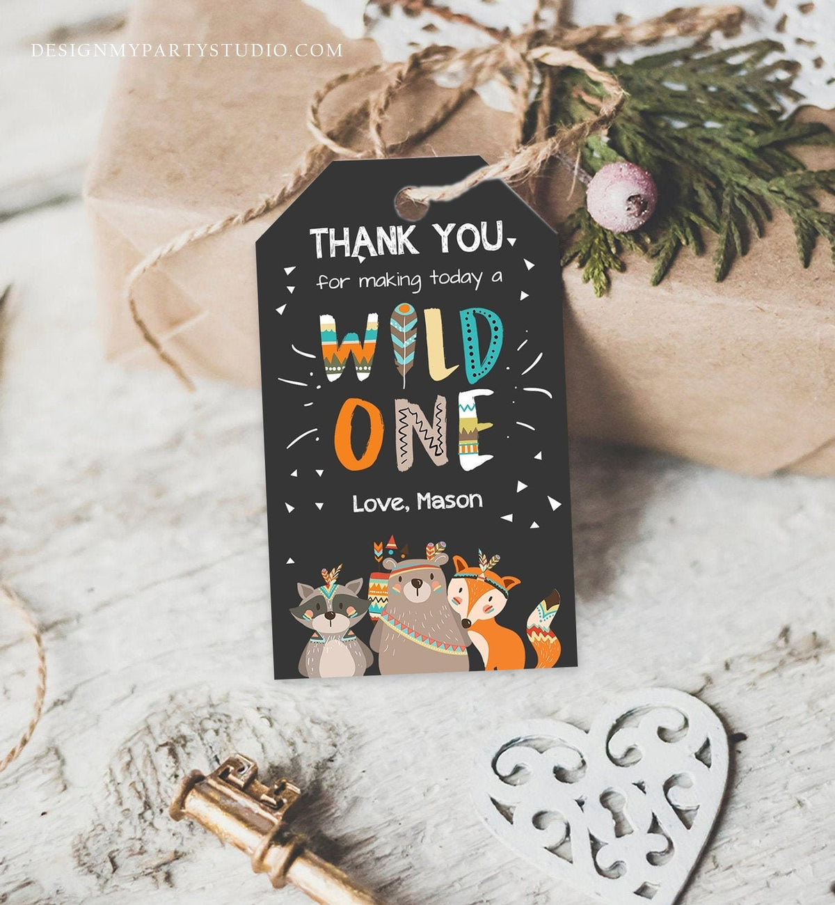 Editable Wild One Favor Tags Tags Tribal Woodland Birthday Thank you tags Woodland Animals Bear Boho Wild One Template Corjl PRINTABLE 0061