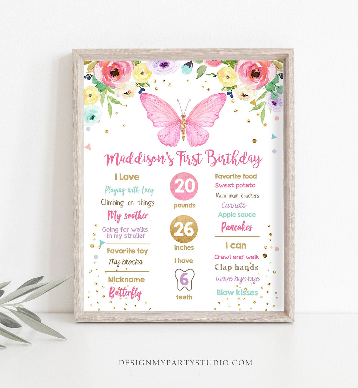 Editable Butterfly Birthday Milestones Sign Garden 1st Birthday First Birthday Girl Pink and Gold Digital Download Template Printable 0162