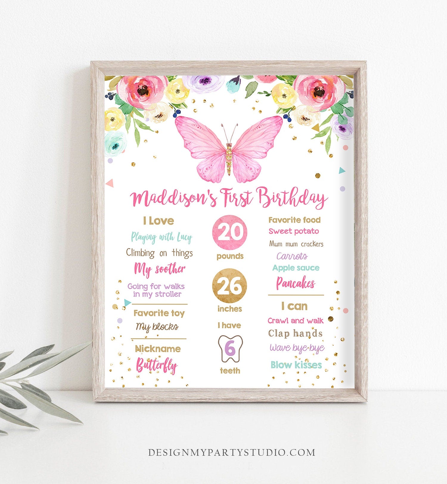 Editable Butterfly Birthday Milestones Sign Garden 1st Birthday First Birthday Girl Pink and Gold Download Corjl Template Printable 0162