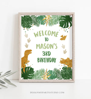 Editable Dinosaur Welcome Sign Boy Green Gold Dino Dig Party Dinosaur Birthday Sign Table Sign Download Corjl Template PRINTABLE 0146