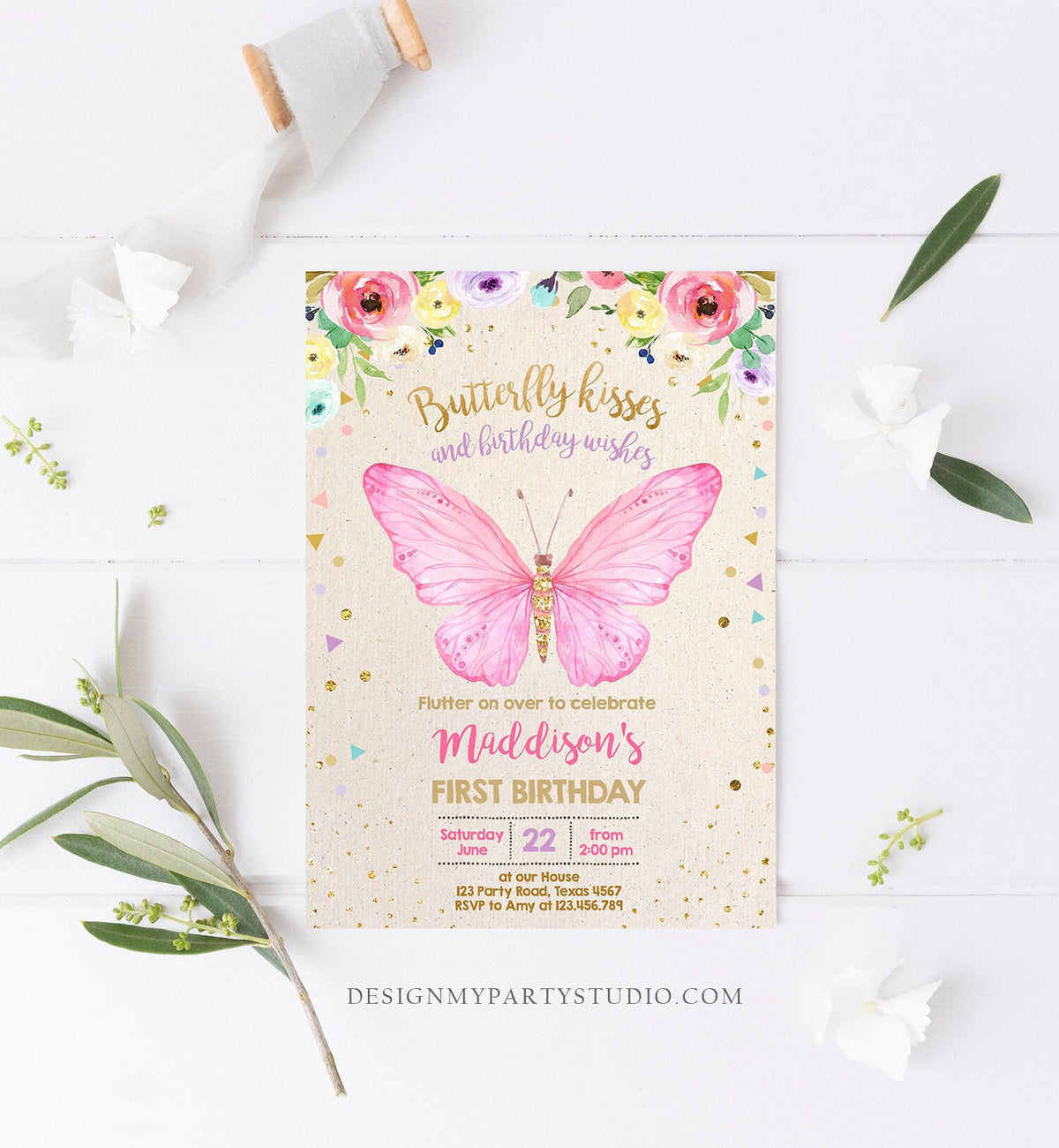 Editable Butterfly Birthday Invitation Butterfly Invitation Garden Floral Flowers Pink Gold Girl Download Printable Template Corjl 0162