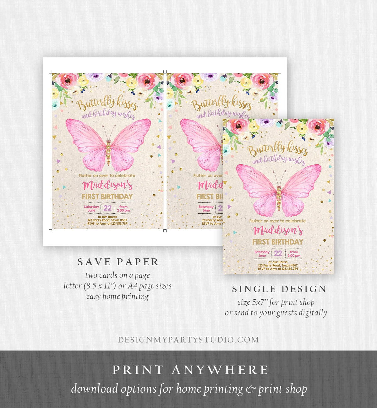 Editable Butterfly Birthday Invitation Butterfly Invitation Garden Floral Flowers Pink Gold Girl Download Printable Template Corjl 0162