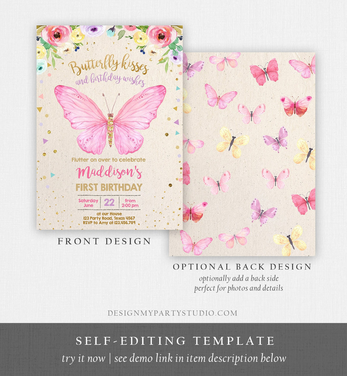 Editable Butterfly Birthday Invitation Butterfly Invitation Garden Floral Flowers Pink Gold Girl Download Printable Template Corjl 0162