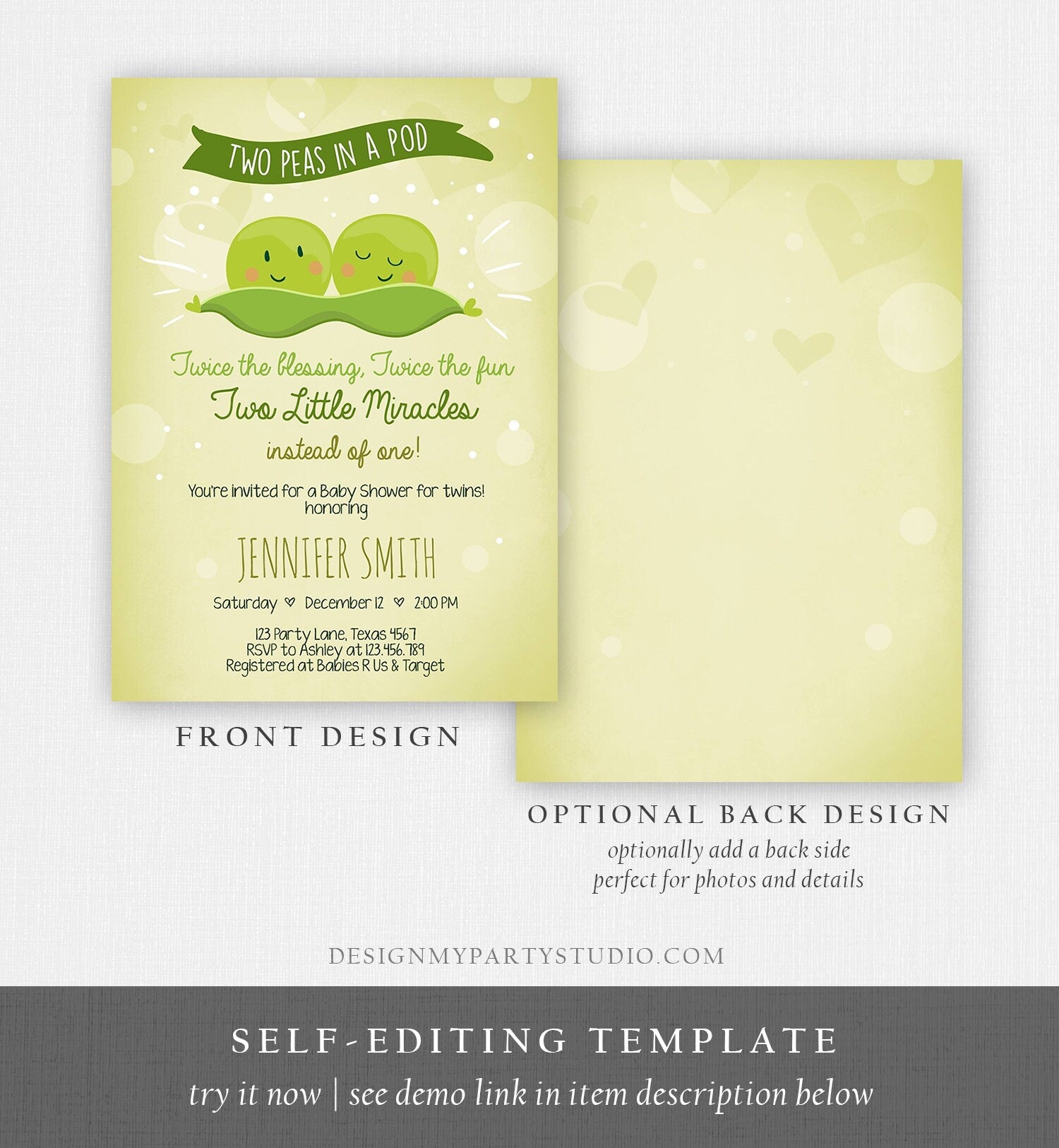 Editable Two Peas In a Pod Baby Shower Invitation Twin Baby Shower Green Gender Neutral Sweet Pea Download Evite Template Printable 0020