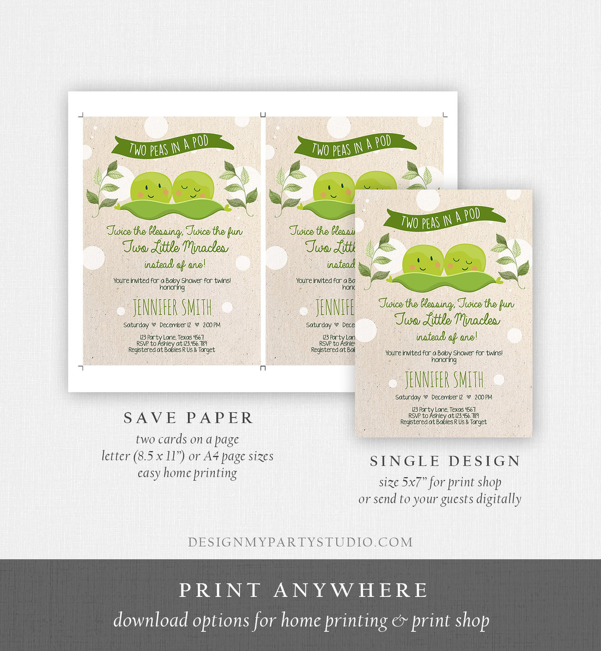Editable Twin Baby Shower Invitation Two Peas In a Pod Baby Shower Green Neutral Sweet Pea Digital Download Evite Template Printable 0020