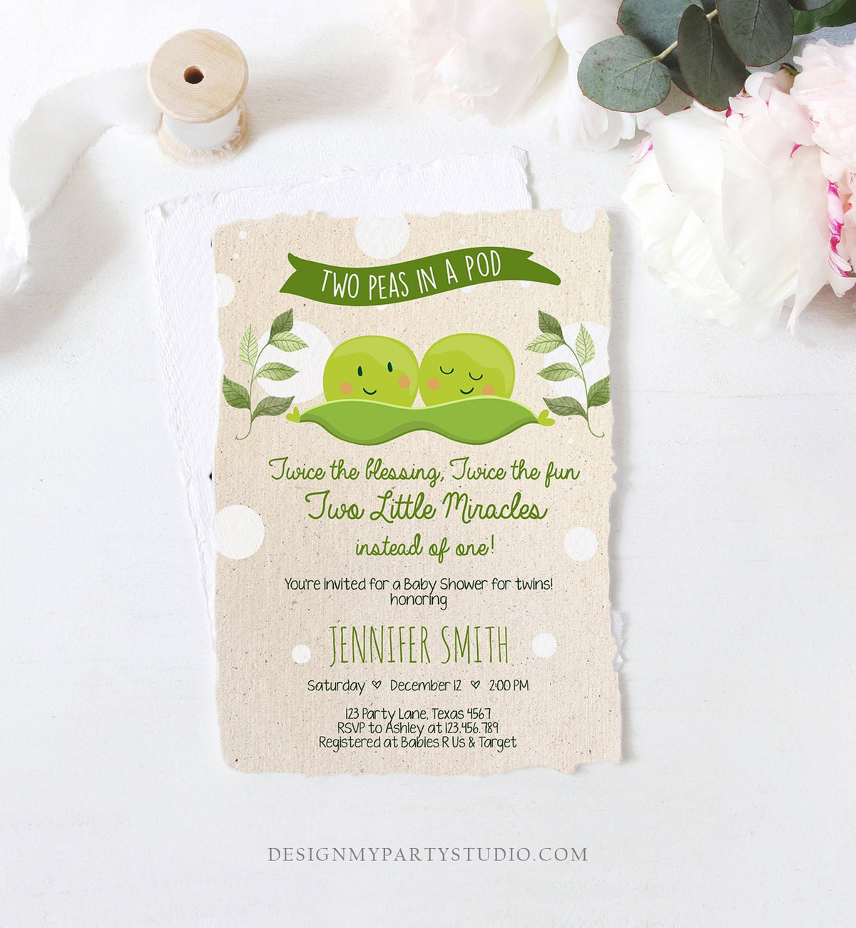Editable Twin Baby Shower Invitation Two Peas In a Pod Baby Shower Green Neutral Sweet Pea Digital Download Evite Template Printable 0020