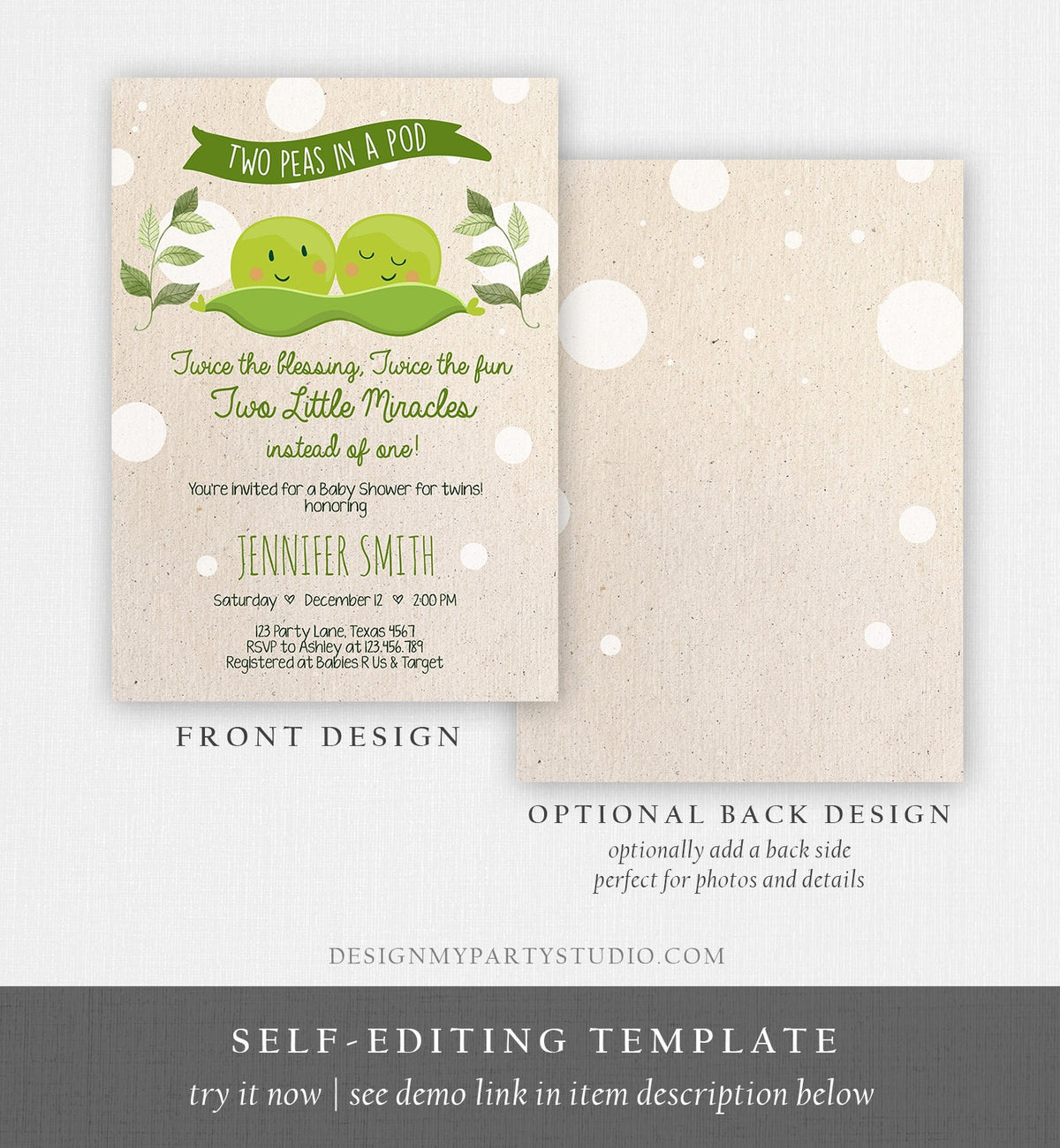 Editable Twin Baby Shower Invitation Two Peas In a Pod Baby Shower Green Neutral Sweet Pea Digital Download Evite Template Printable 0020