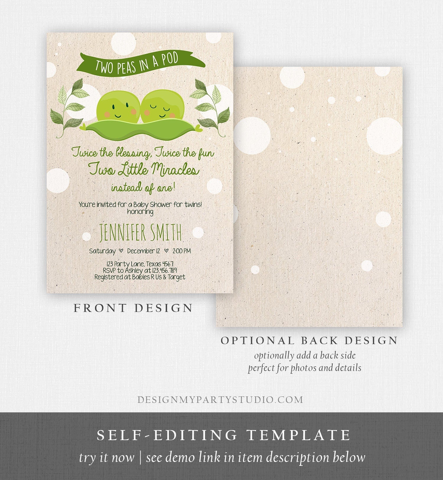 Editable Twin Baby Shower Invitation Two Peas In a Pod Baby Shower Green Neutral Sweet Pea Digital Download Evite Template Printable 0020