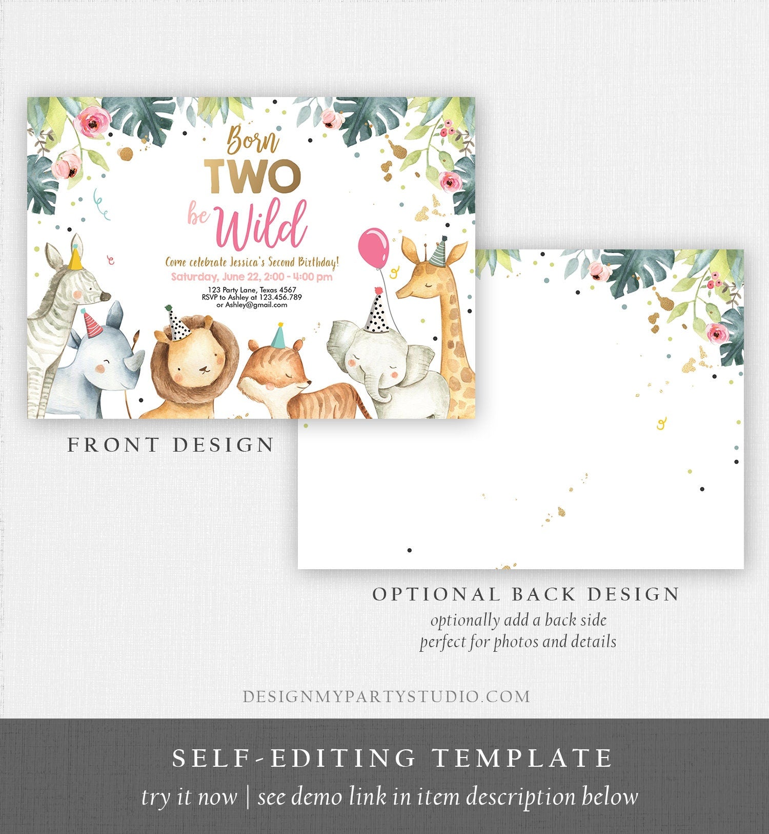 Editable Born Two Be Wild Birthday Invitation Safari Animals Pink Gold Girl Jungle Zoo Second Birthday 2nd Printable Corjl Template 0163