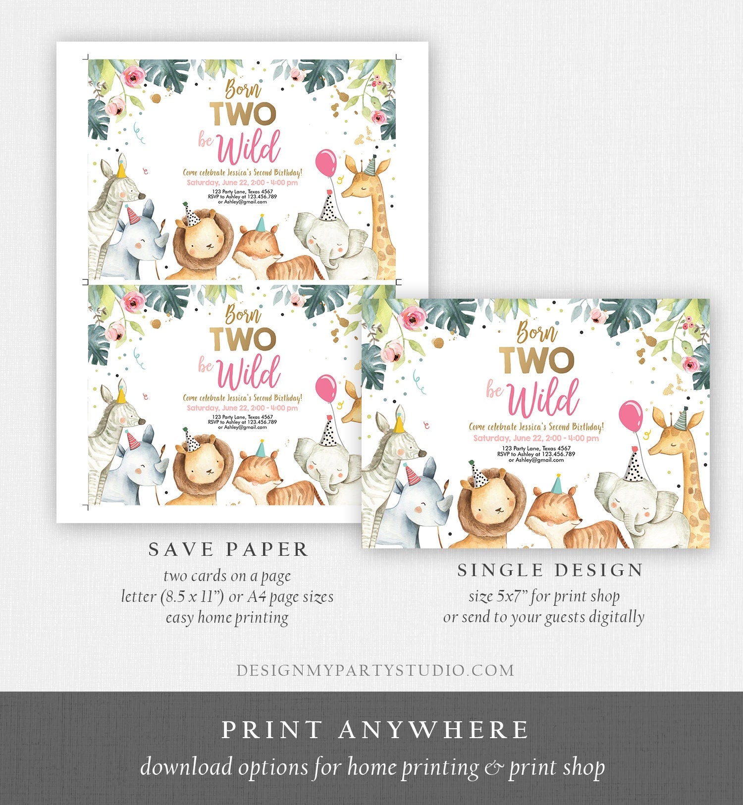 Editable Born Two Be Wild Birthday Invitation Safari Animals Pink Gold Girl Jungle Zoo Second Birthday 2nd Printable Corjl Template 0163