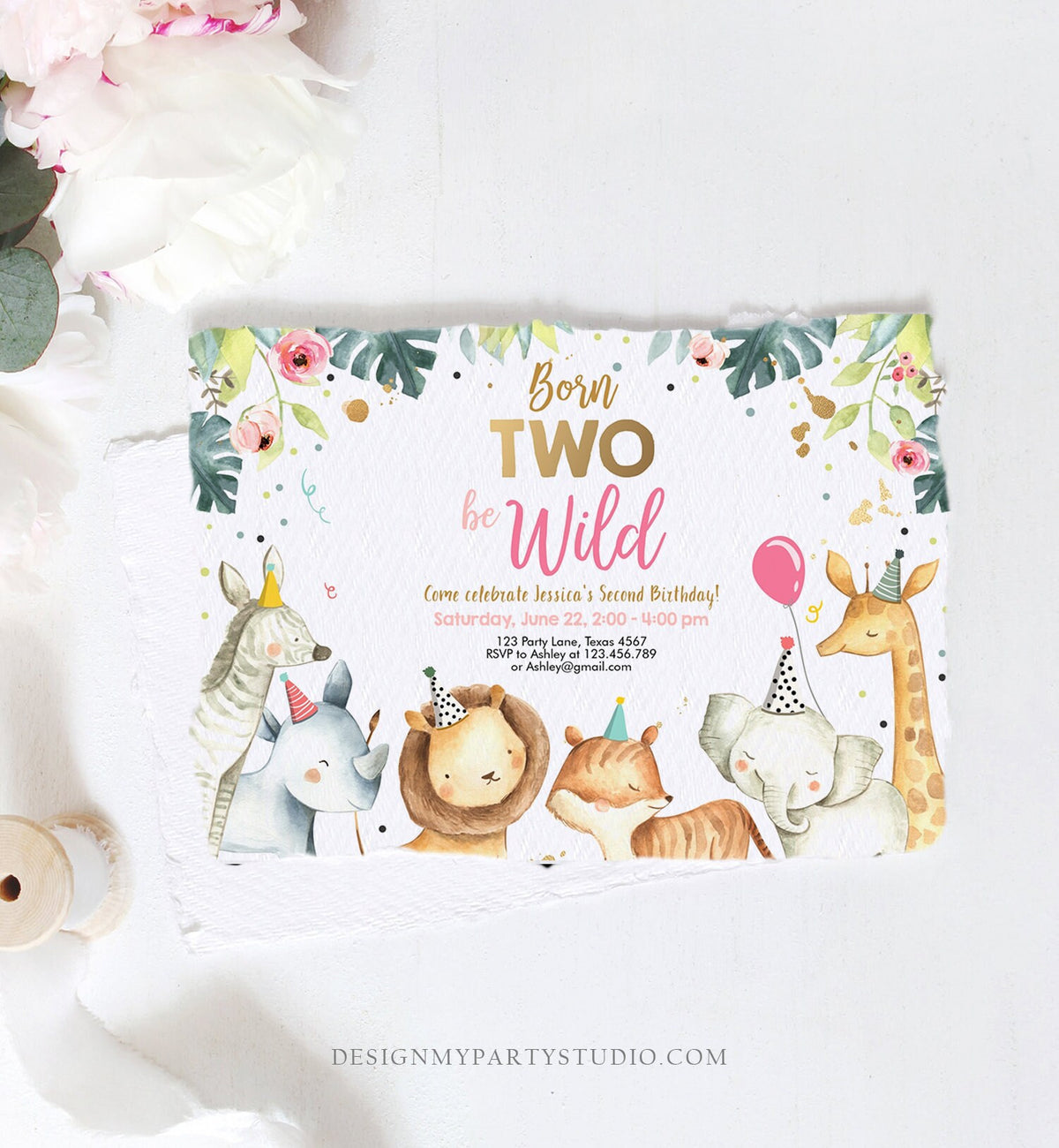 Editable Born Two Be Wild Birthday Invitation Safari Animals Pink Gold Girl Jungle Zoo Second Birthday 2nd Printable Corjl Template 0163