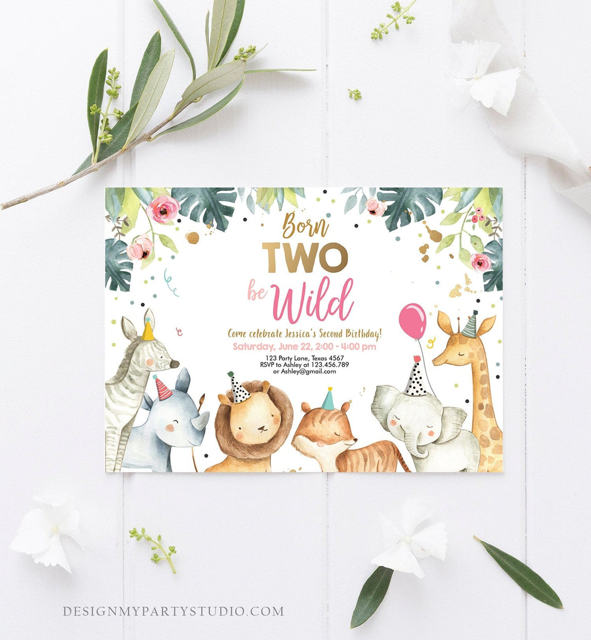 Editable Born Two Be Wild Birthday Invitation Safari Animals Pink Gold Girl Jungle Zoo Second Birthday 2nd Printable Corjl Template 0163