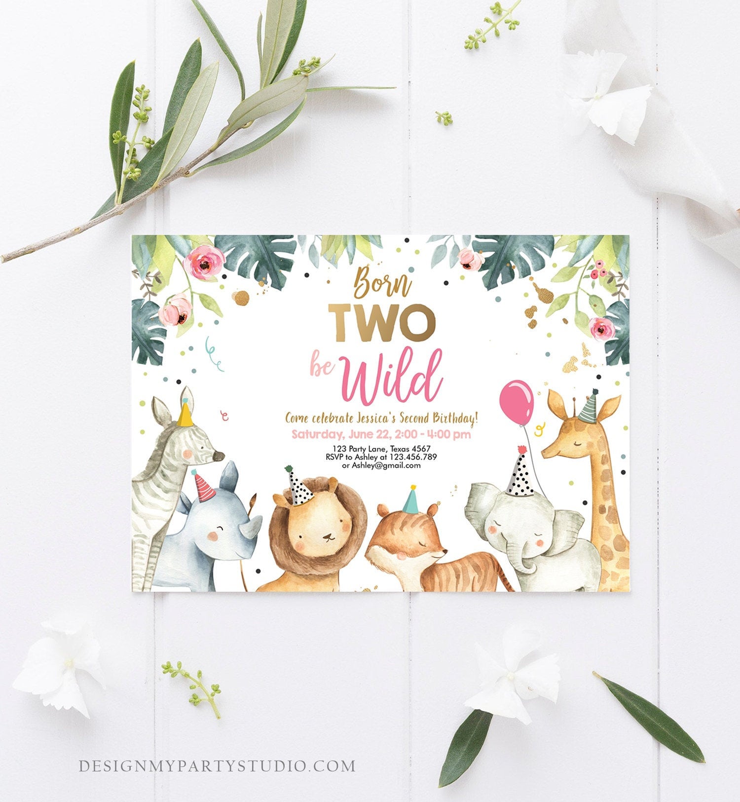 Editable Born Two Be Wild Birthday Invitation Safari Animals Pink Gold Girl Jungle Zoo Second Birthday 2nd Printable Corjl Template 0163