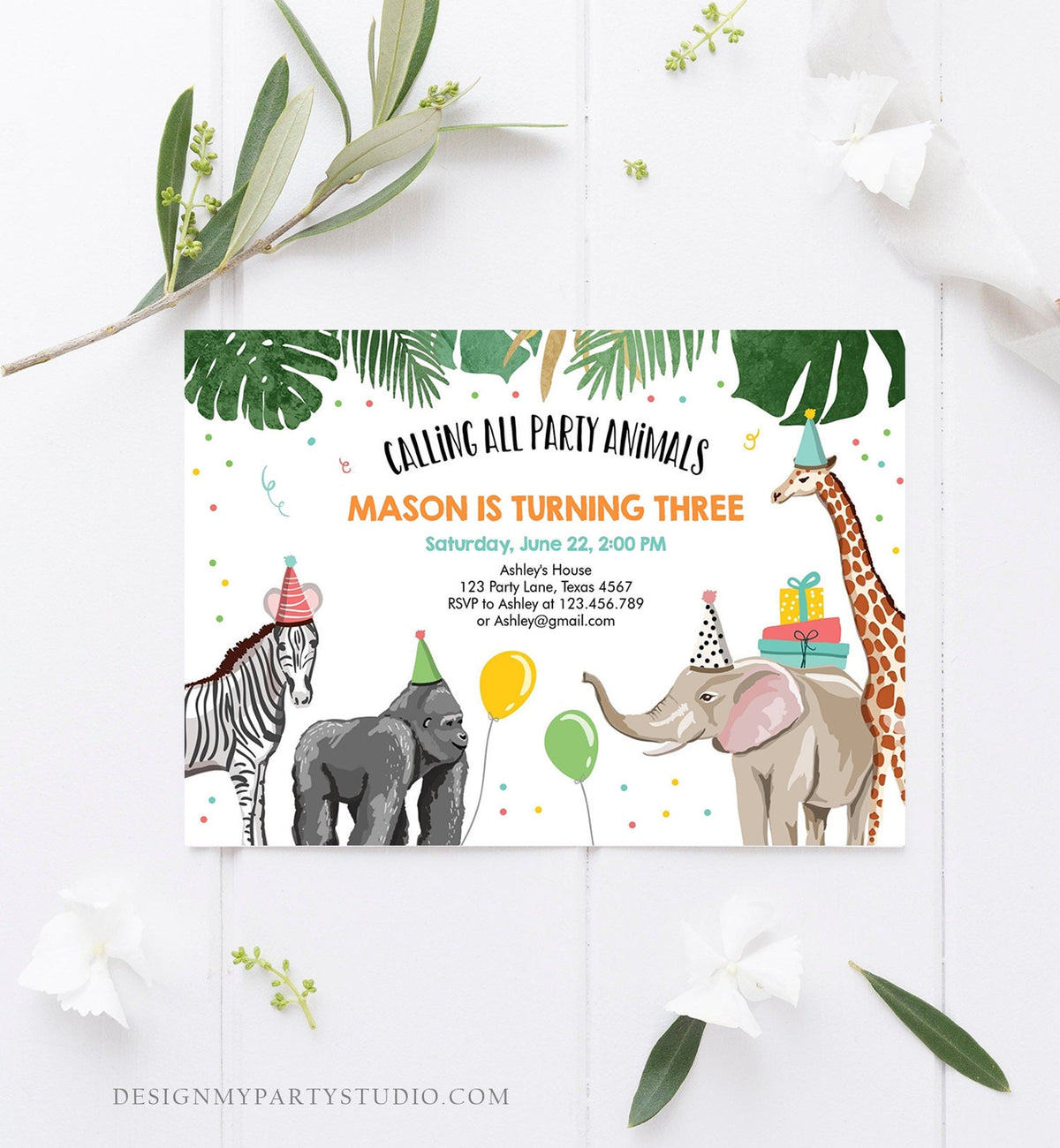 Editable Party Animals Birthday Invitation Wild One Animals Invitation Zoo Safari Animals Boy Digital Download Template Printable 0142