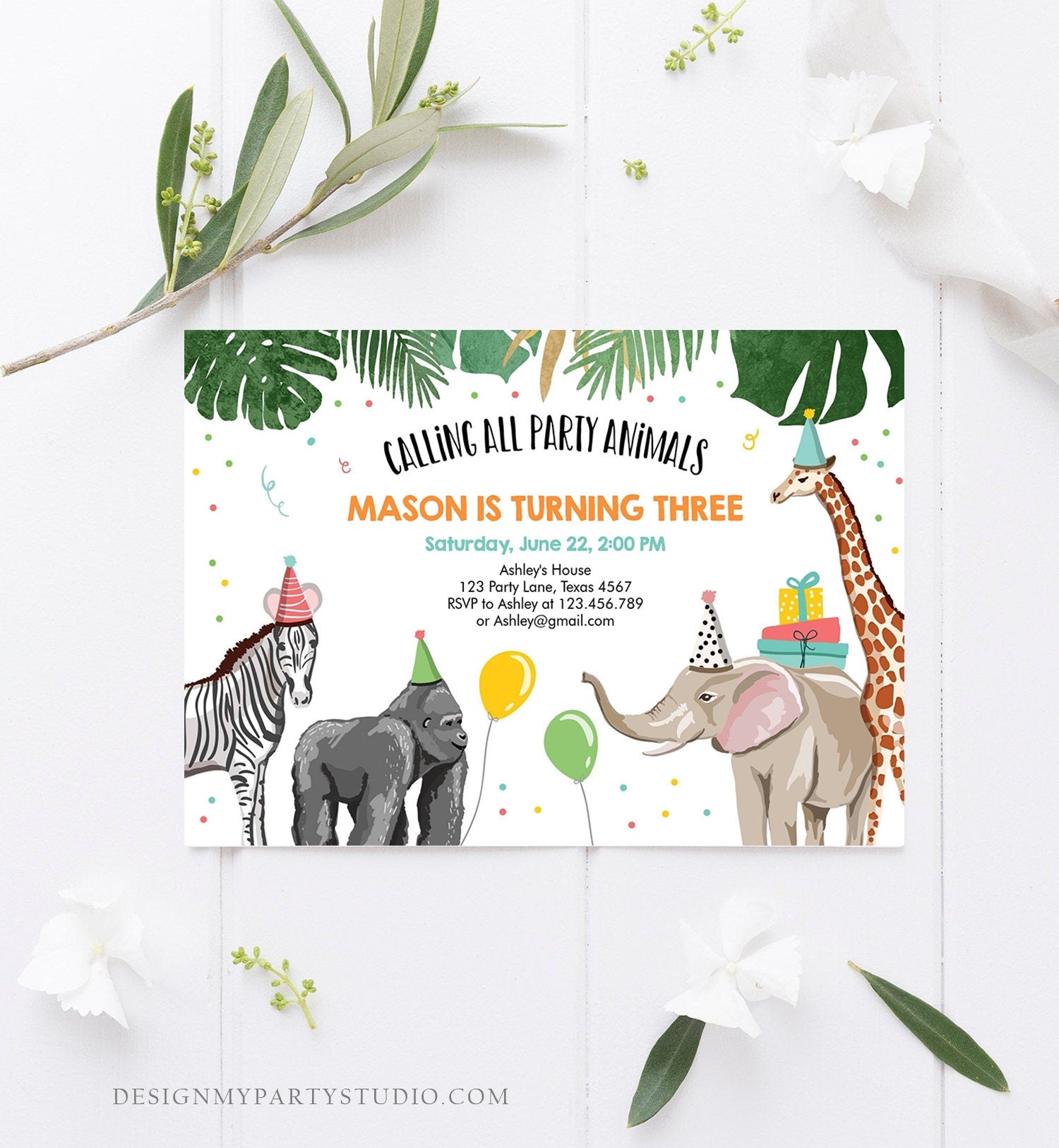 Editable Party Animals Birthday Invitation Wild One Animals Invitation Zoo Safari Animals Boy Digital Download Template Printable 0142