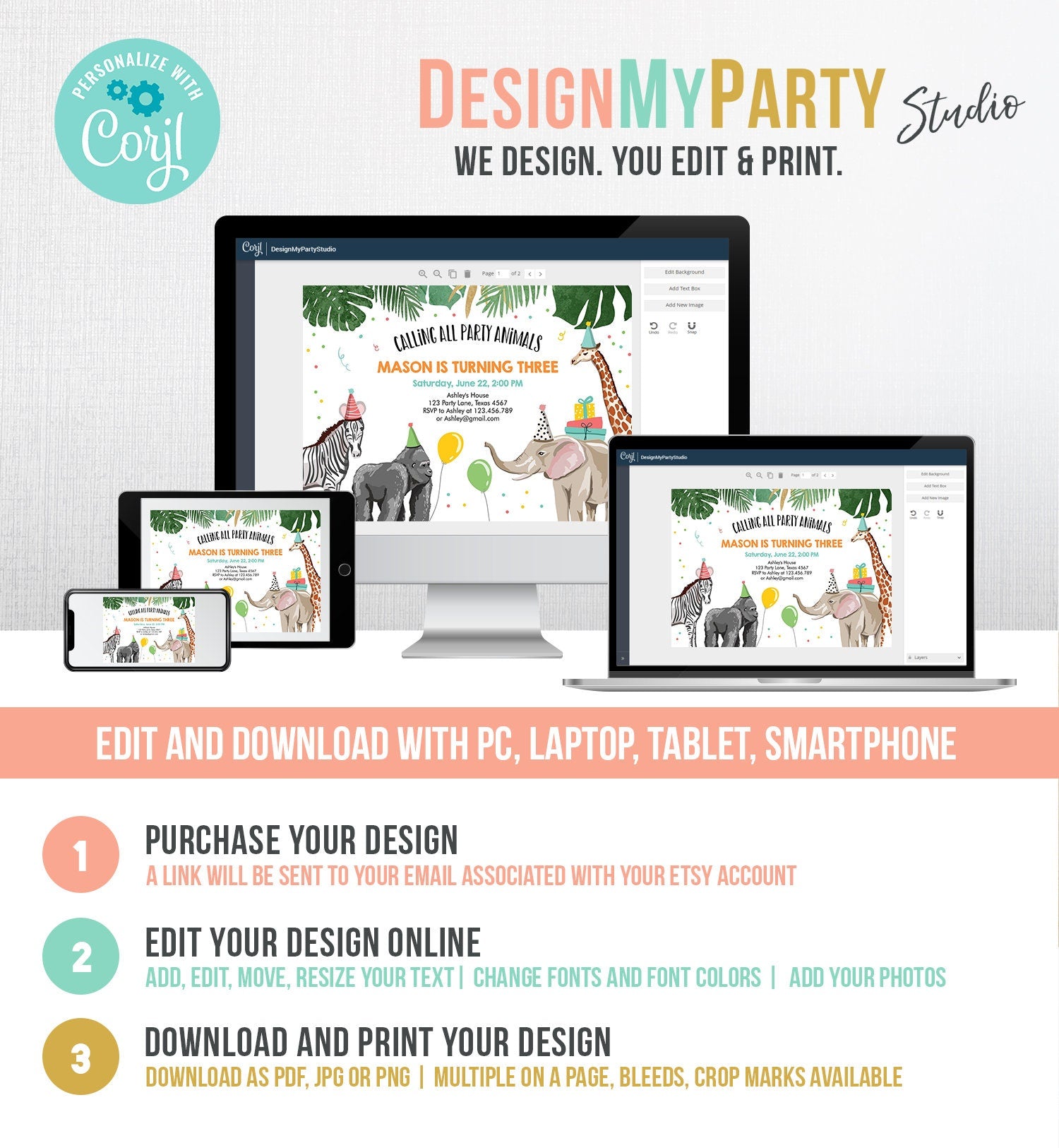 Editable Party Animals Birthday Invitation Wild One Animals Invitation Zoo Safari Animals Boy Digital Download Template Printable 0142