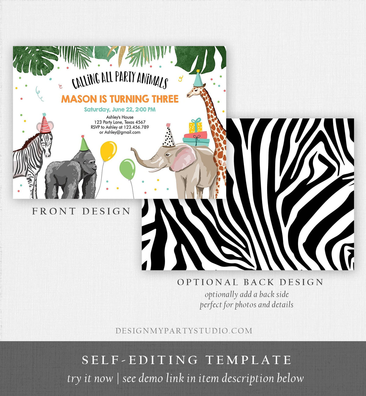Editable Party Animals Birthday Invitation Wild One Animals Invitation Zoo Safari Animals Boy Digital Download Template Printable 0142