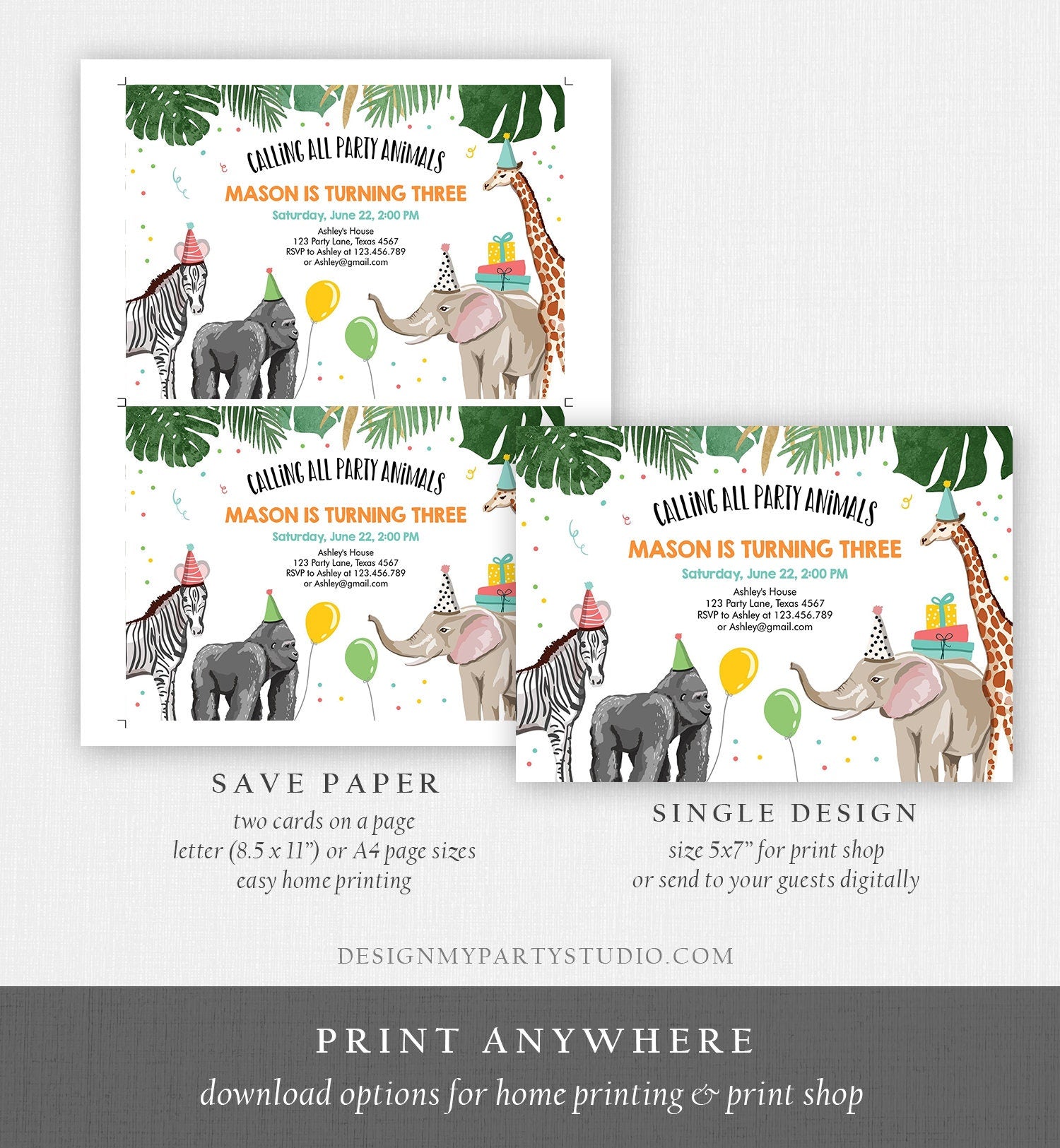 Editable Party Animals Birthday Invitation Wild One Animals Invitation Zoo Safari Animals Boy Digital Download Template Printable 0142