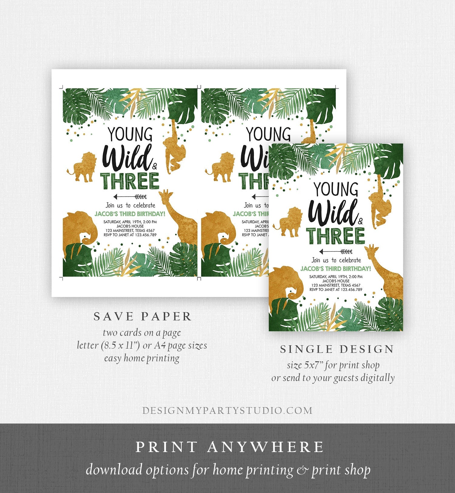Editable Young Wild and Three Birthday Invitation Safari Animals Party Animals Boy Third Birthday 3rd Digital Evite Template Printable 0016