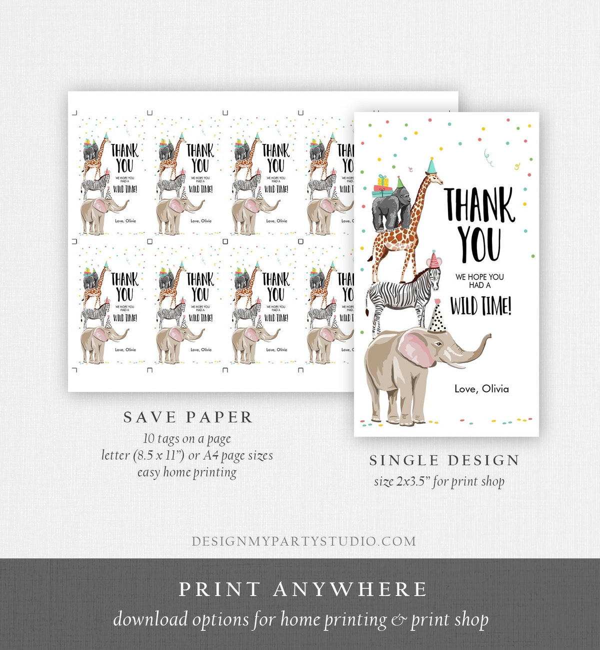 Editable Party Animals Favor Tags Safari Party Animals Wild One Thank You Tag Birthday Wild Time Gift Tag Corjl Template Printable 0142