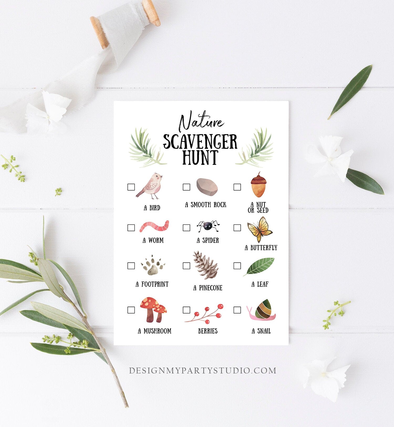 Editable Nature Scavenger Hunt for Kids Hiking Game Camping Party Game Trail Nature Walk Woodland Printable Game Download Corjl Template