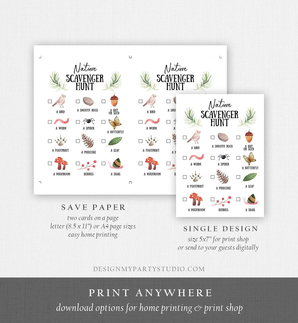 Editable Nature Scavenger Hunt for Kids Hiking Outdoor Camping Party Game Trail Nature Walk Woodland Digital Download Template Printable
