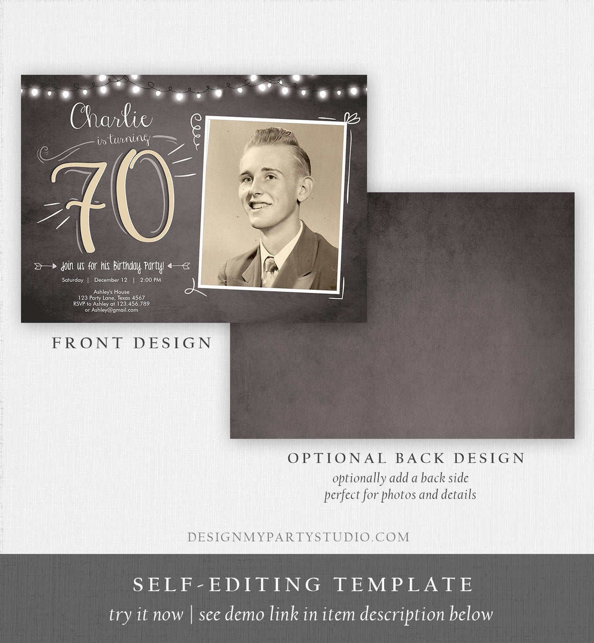 Editable 70th Birthday Invitation Chalkboard Rustic Adult Surprise Birthday Party Seventy Photo Download Evite Template Printable 0230