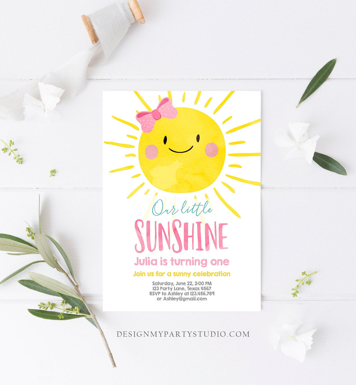 Editable Our Little Sunshine Birthday Invitation Girl Summer First 1st Party Pink Girl Bow Digital Download Template Printable 0141