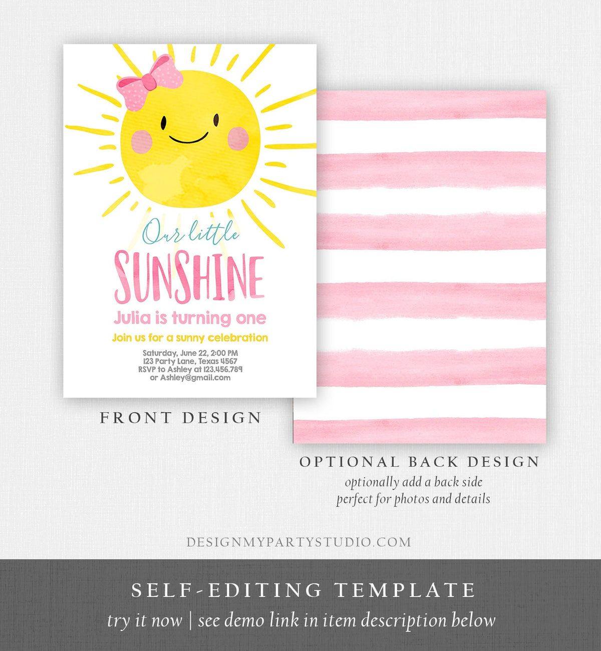 Editable Our Little Sunshine Birthday Invitation Girl Summer First 1st Party Pink Girl Bow Digital Download Template Printable 0141