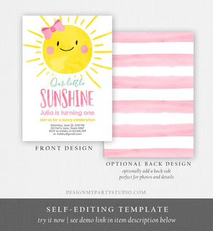 Editable Our Little Sunshine Birthday Invitation Girl Summer Birthday First Birthday 1st Party Pink Girl Bow Download Corjl Template 0141