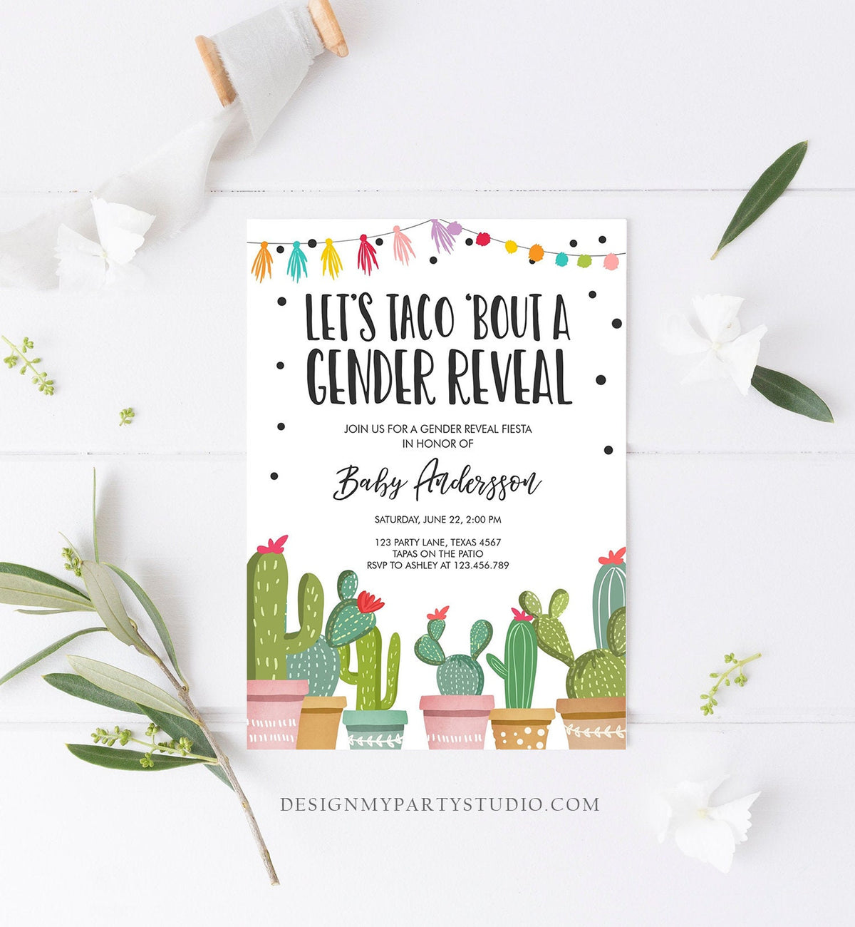 Editable Taco Bout a Gender Reveal Invitation Cactus Mexican Fiesta He or She Boy or Girl Party Digital Download Template Printable 0254