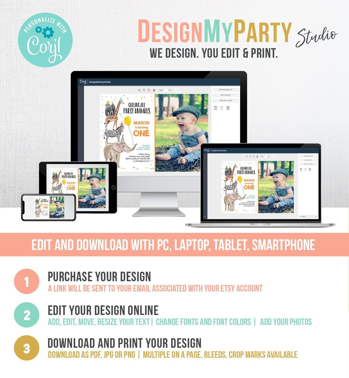 Editable Party Animals Birthday Invitation Wild One Animals Invitation Zoo Safari Animals Boy Digital Download Evite Template Printable 0142