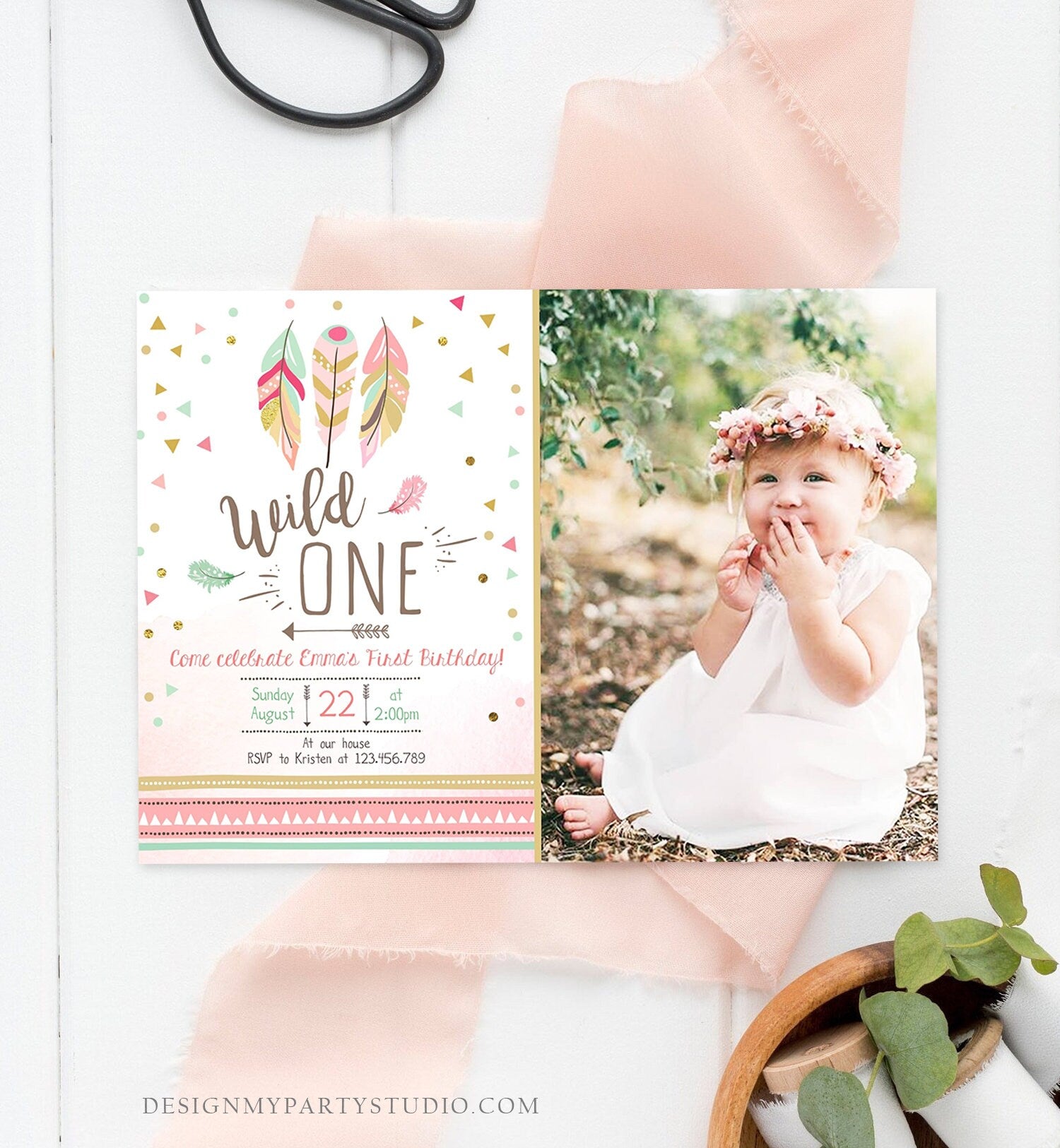 Editable Birthday Invitation Wild One Girl Invite Tribal Boho Arrow Feathers Coral Mint Download Printable Template Digital Corjl 0073