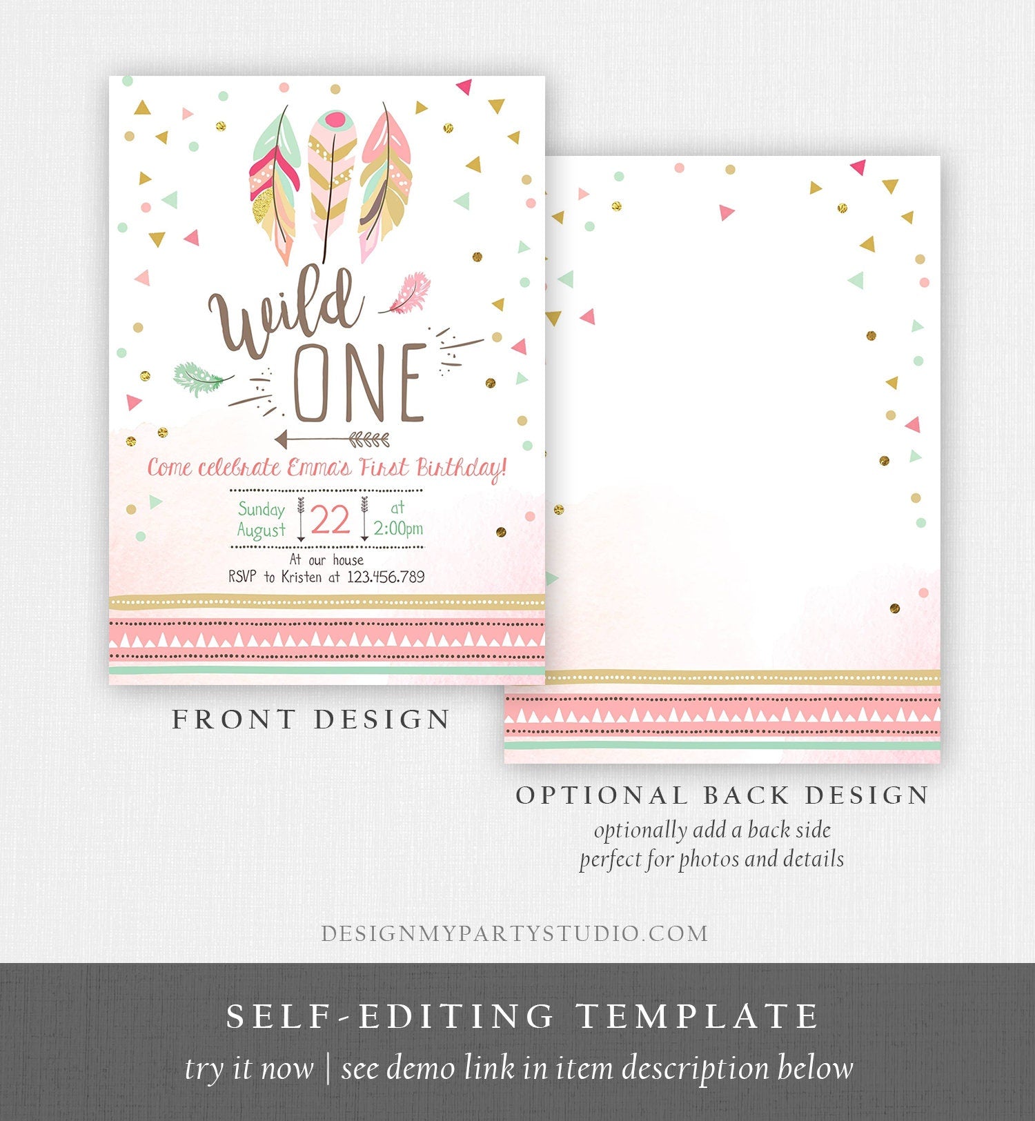 Editable Birthday Invitation Wild One Girl Invite Tribal Boho Arrow Feathers Coral Mint Digital Download Evite Template Printable 0073