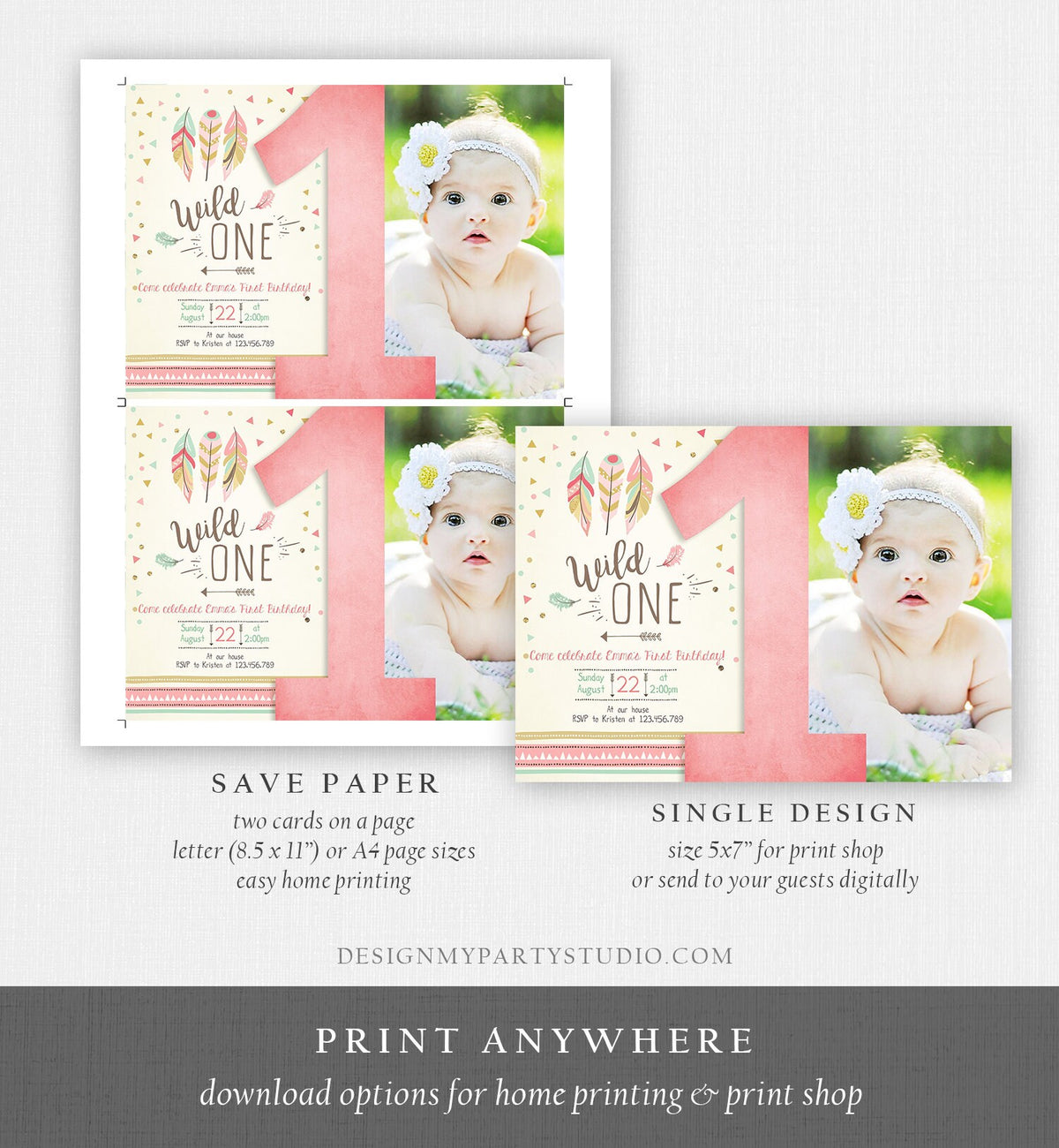 Editable Birthday Invitation Wild One Girl Invite Tribal Boho Arrow Feathers Coral Mint Download Printable Template Digital Corjl 0073