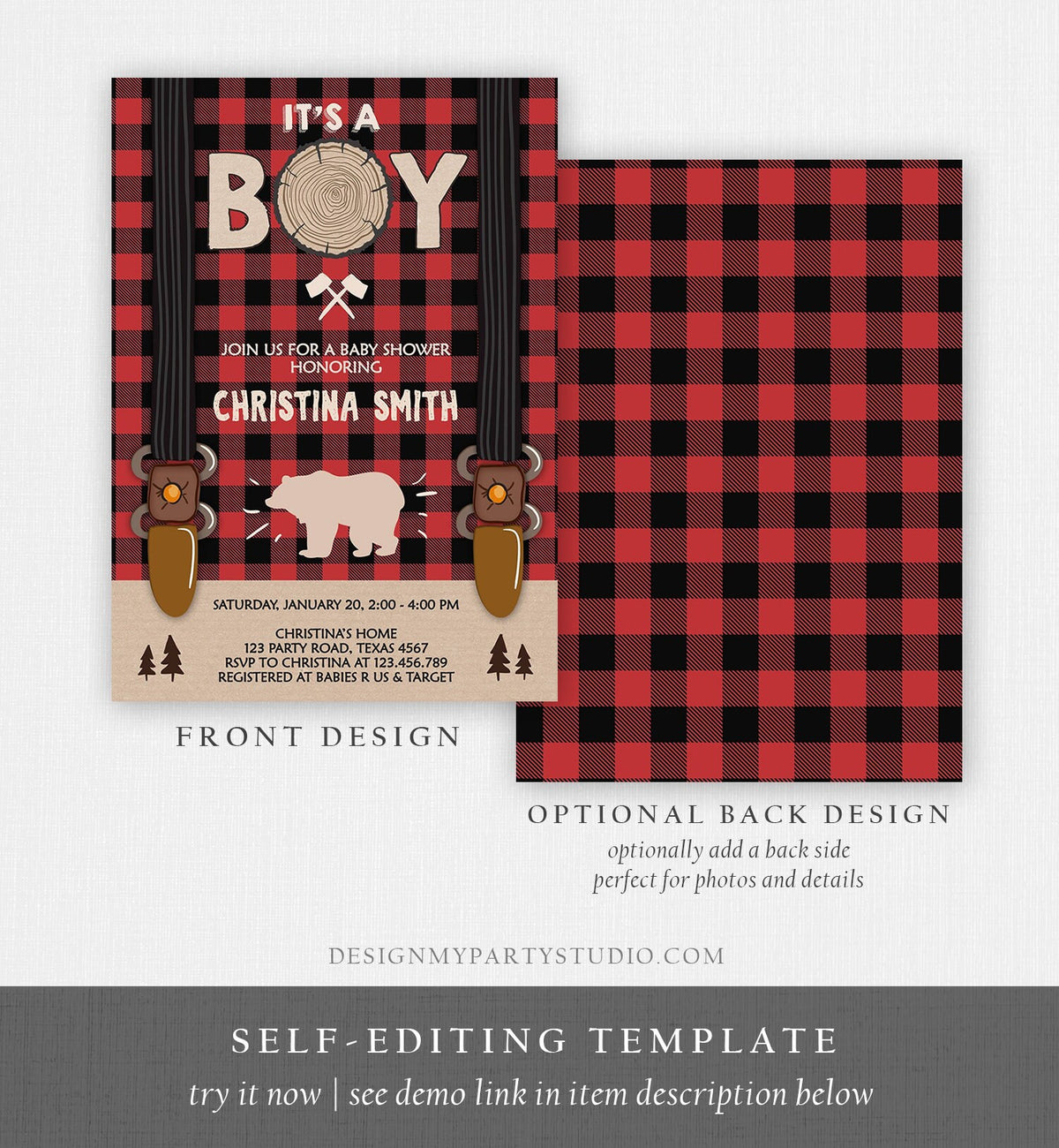 Editable Lumberjack Baby Shower Invitation Baby Boy Buffalo Plaid Rustic Bear Cub It&#39;s a Boy Winter Download Evite Template Printable 0026