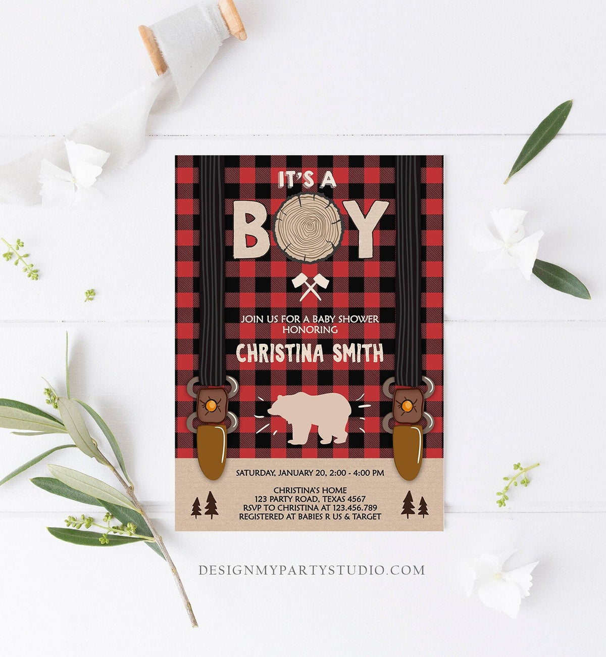 Editable Lumberjack Baby Shower Invitation Baby Boy Buffalo Plaid Rustic Bear Cub It&#39;s a Boy Winter Download Evite Template Printable 0026